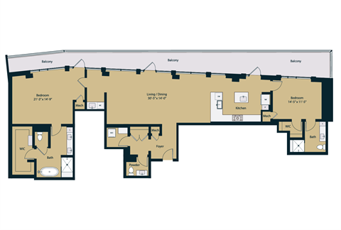 Floor plan for 2 beds, 2.5 baths, 2035 sqft